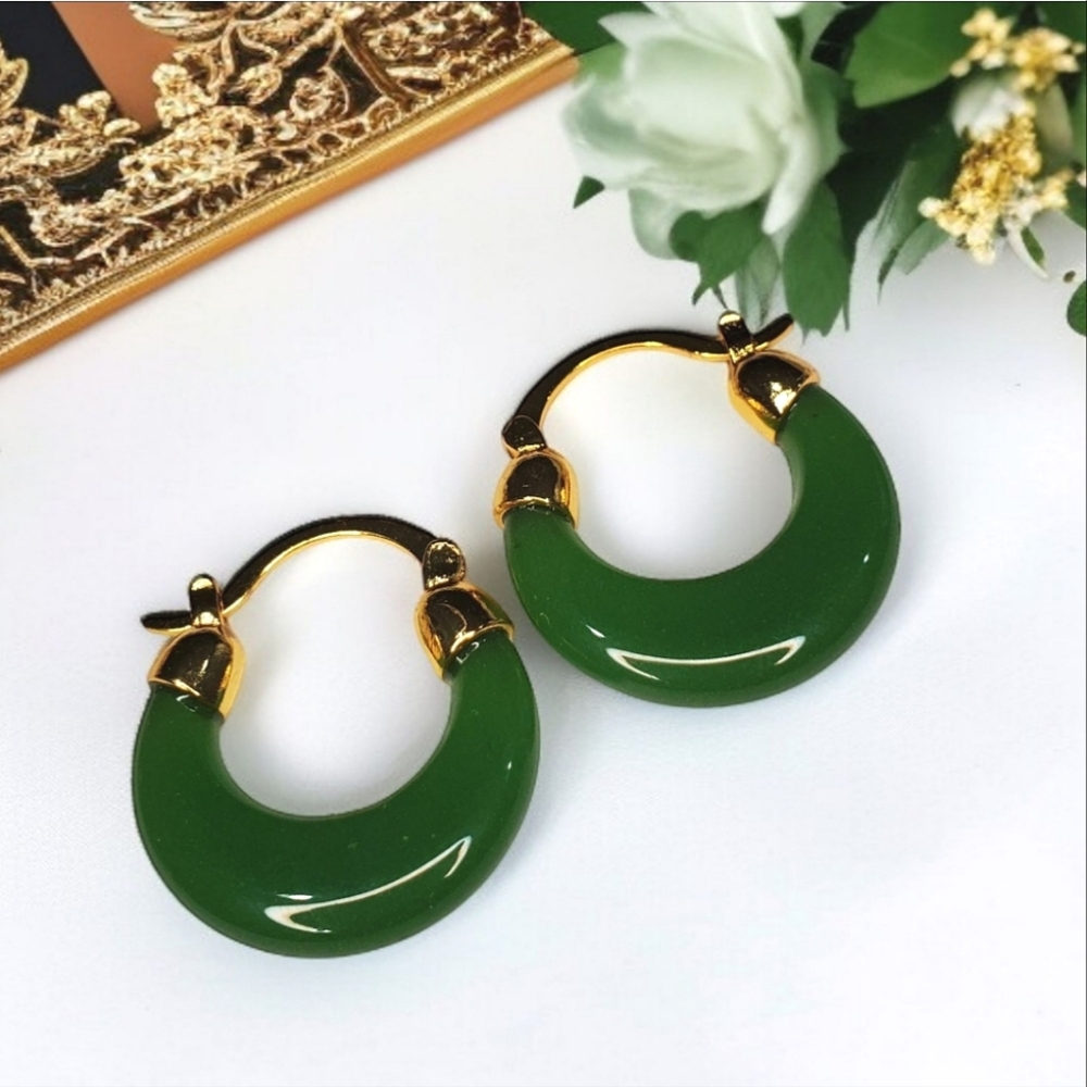 18k Gold Plated Green Jasper Hoop Earrings - Picture 3 of 5